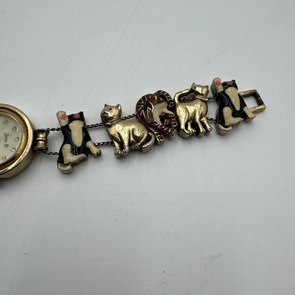 VTG Jennie B Enamel Cats Gold Tone Slide Charm Bracelet Wrist Watch Not Tested